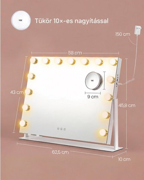 LED sminktükör világítással, 58 × 43 cm, 15 LED-del, 10× nagyítással, fehér