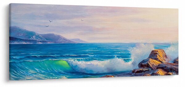 A sziklákat megütő hullámok képe, olajfestmény (120x50 cm)