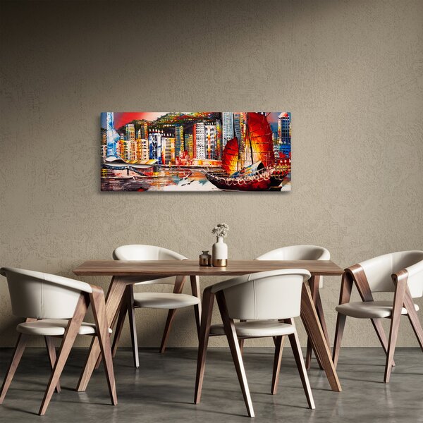 Kép - Victoria Harbour, Hong Kong, olajfestmény (120x50 cm)