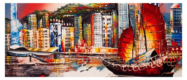 Kép - Victoria Harbour, Hong Kong, olajfestmény (120x50 cm)