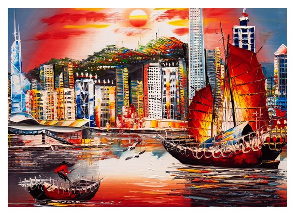 Kép - Victoria Harbour, Hong Kong, olajfestmény (70x50 cm)