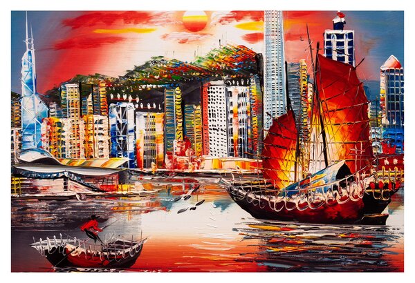 Kép - Victoria Harbour, Hong Kong, olajfestmény (90x60 cm)