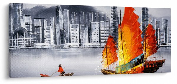 Festmény - Victoria Harbour, Hong Kong, fekete-fehér olajfestmény (120x50 cm)