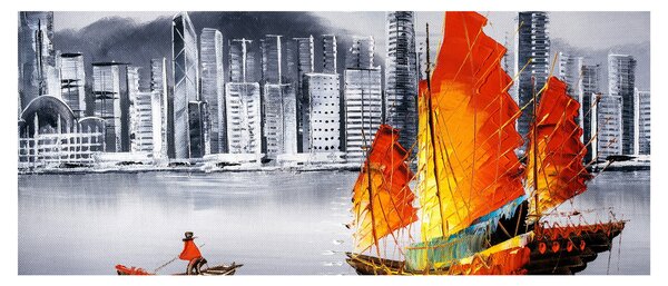 Festmény - Victoria Harbour, Hong Kong, fekete-fehér olajfestmény (120x50 cm)
