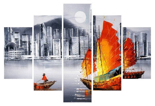 Festmény - Victoria Harbour, Hong Kong, fekete-fehér olajfestmény (150x105 cm)