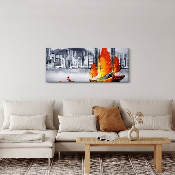 Festmény - Victoria Harbour, Hong Kong, fekete-fehér olajfestmény (120x50 cm)