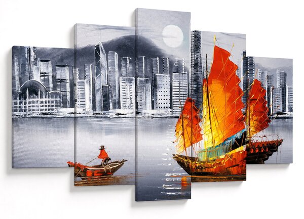 Festmény - Victoria Harbour, Hong Kong, fekete-fehér olajfestmény (150x105 cm)