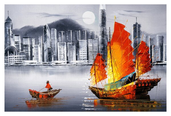 Festmény - Victoria Harbour, Hong Kong, fekete-fehér olajfestmény (90x60 cm)