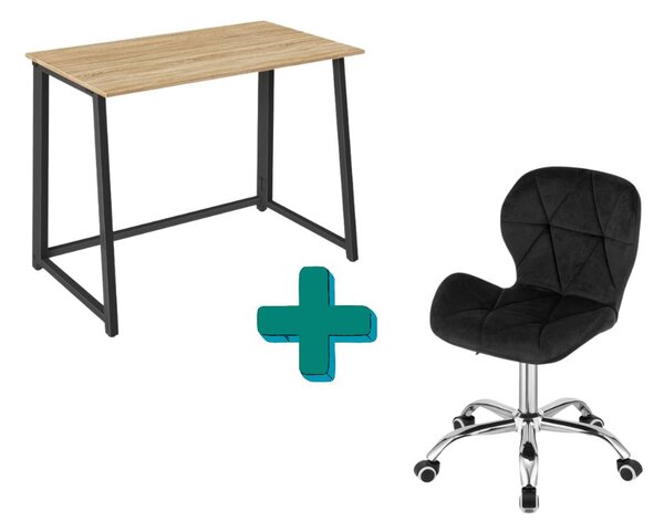 Dolgozószobai szett – összecsukható íróasztal ZARIMO 80×40 cm sonoma tölgy + irodai szék AVOLA VELVET fekete