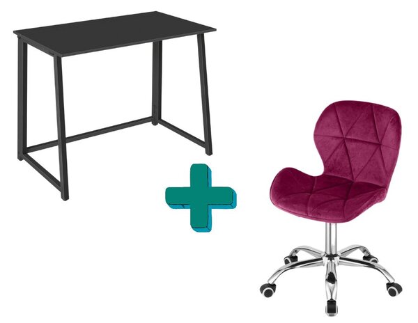 Dolgozószobai szett – összecsukható íróasztal ZARIMO 80×40 cm fekete + irodai szék AVOLA VELVET bordó