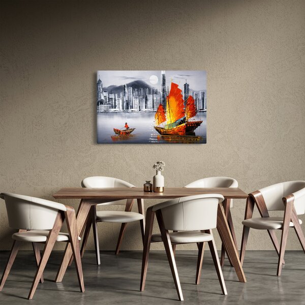 Festmény - Victoria Harbour, Hong Kong, fekete-fehér olajfestmény (90x60 cm)
