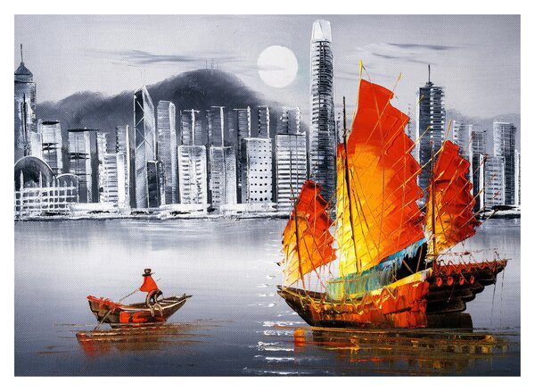 Festmény - Victoria Harbour, Hong Kong, fekete-fehér olajfestmény (70x50 cm)