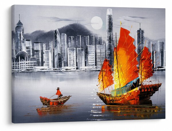 Festmény - Victoria Harbour, Hong Kong, fekete-fehér olajfestmény (70x50 cm)