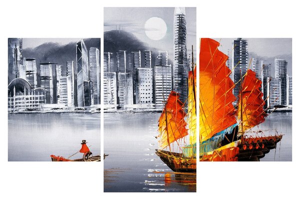 Festmény - Victoria Harbour, Hong Kong, fekete-fehér olajfestmény (90x60 cm)