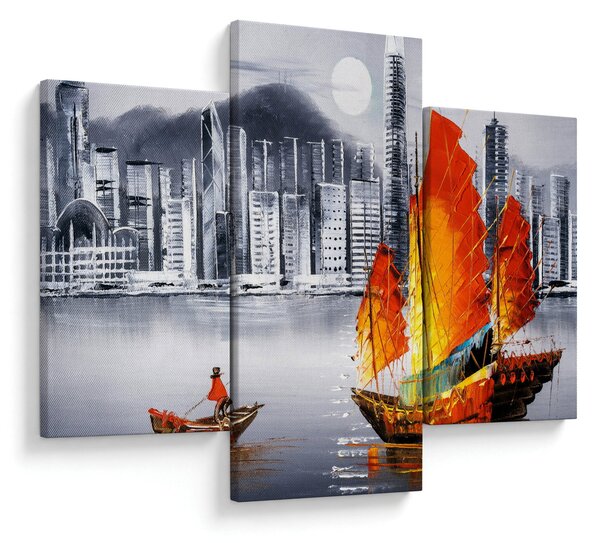 Festmény - Victoria Harbour, Hong Kong, fekete-fehér olajfestmény (90x60 cm)