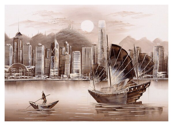 Kép - Victoria Harbour, Hong Kong, szépia hatás (70x50 cm)