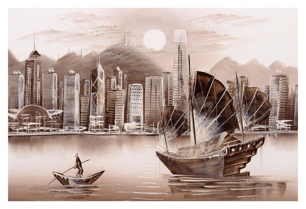 Kép - Victoria Harbour, Hong Kong, szépia hatás (90x60 cm)