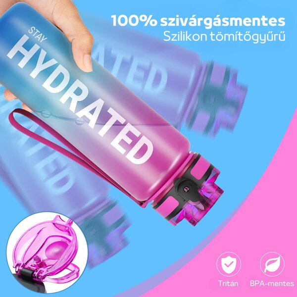 Színátmenetes, Feliratos Kulacs Szivárgásmentes Kupakkal - 1000 ml - Pink/Kék