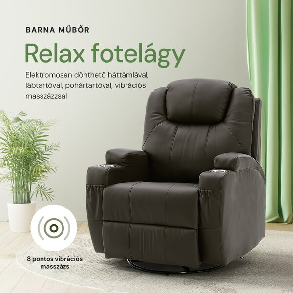 Elektromos fekvőfotel, relax fotelágy 8 pontos masszázs magyar nyelvű távirányítóval, ringató, forgatható rozsdamentes pohártartó AIR leather sötétbarna