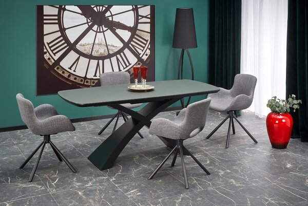 Silvestro Kihúzható MDF és Üveg Asztal, Sötétszürke / Fekete + 4 K475 Kárpitozott Szék, Fém lábakkal, Szürke / Fekete, H180-220xSz89xM75 cm