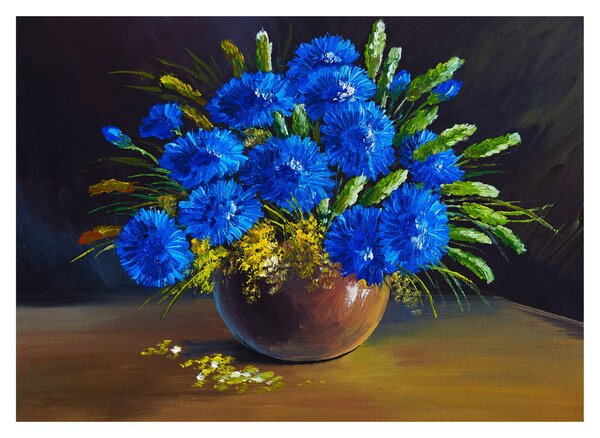 Kék virágok képe egy vázában (70x50 cm)