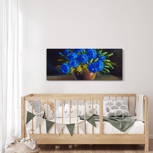 Kék virágok képe egy vázában (120x50 cm)