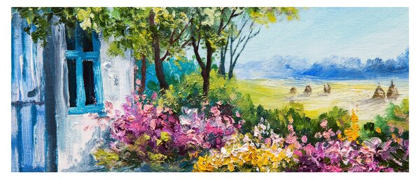 Kép a ház előtti kertről, olajfestmény (120x50 cm)
