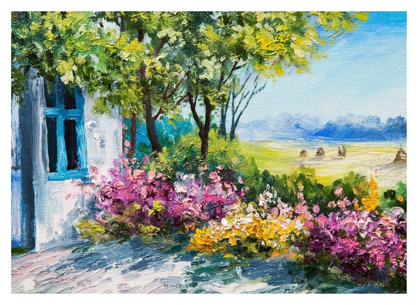 Kép a ház előtti kertről, olajfestmény (70x50 cm)