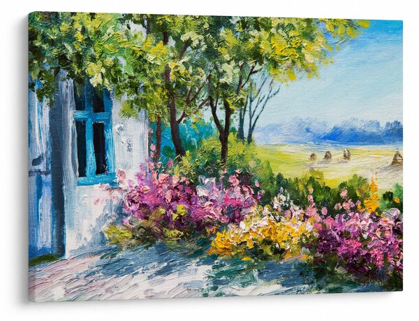 Kép a ház előtti kertről, olajfestmény (70x50 cm)