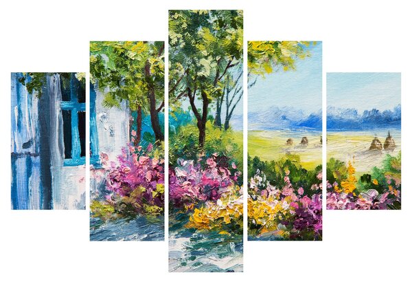 Kép a ház előtti kertről, olajfestmény (150x105 cm)
