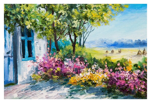 Kép a ház előtti kertről, olajfestmény (90x60 cm)