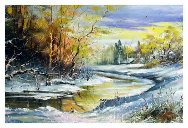 Egy téli folyó képe, olajfestmény (90x60 cm)