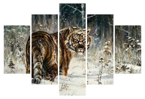 Kép - tigris a havas erdőben, olajfestmény (150x105 cm)