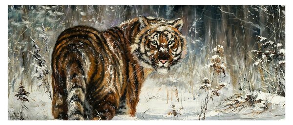 Kép - tigris a havas erdőben, olajfestmény (120x50 cm)