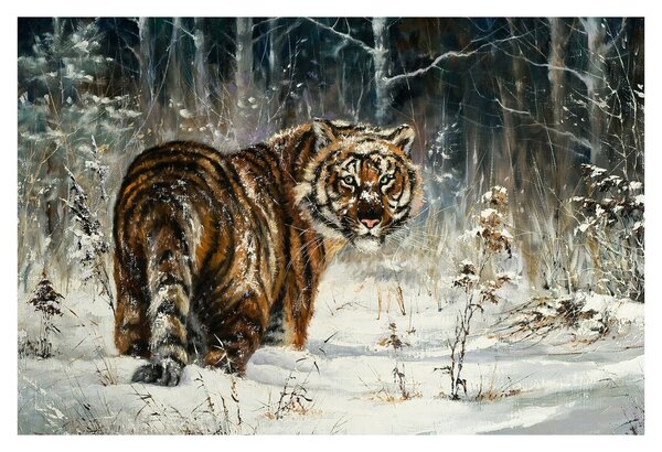 Kép - tigris a havas erdőben, olajfestmény (90x60 cm)