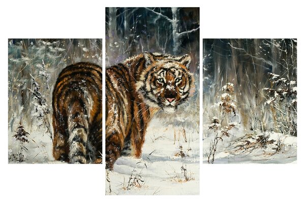 Kép - tigris a havas erdőben, olajfestmény (90x60 cm)