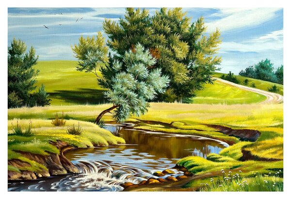 Kép - folyó a rétek között,, olajfestmény (90x60 cm)