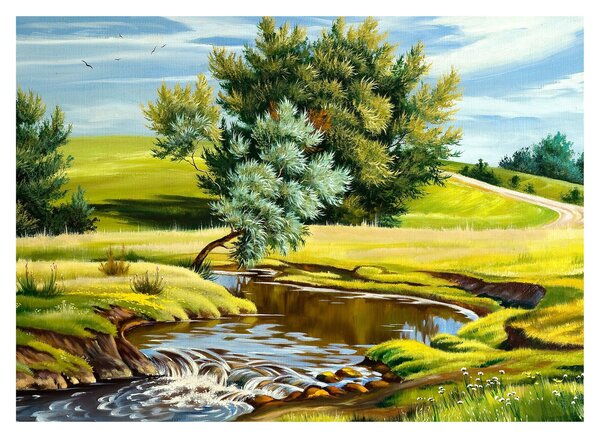 Kép - folyó a rétek között,, olajfestmény (70x50 cm)