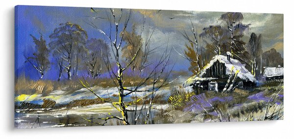 Téli tájon lévő házikó képe, olajfestmény (120x50 cm)