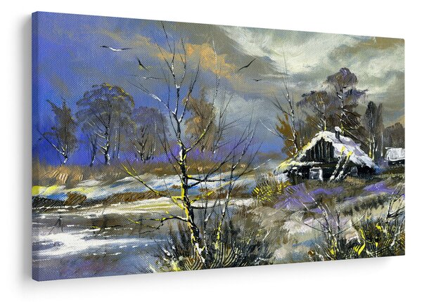 Téli tájon lévő házikó képe, olajfestmény (90x60 cm)