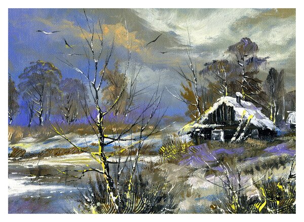 Téli tájon lévő házikó képe, olajfestmény (70x50 cm)