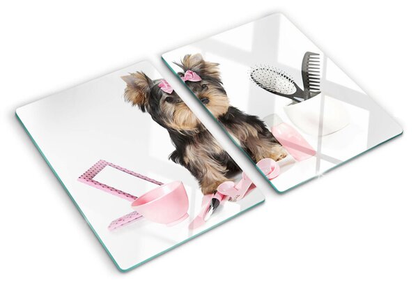 Üveg vágódeszka fényképpel Yorkshire Terrier ápolási kellékekkel