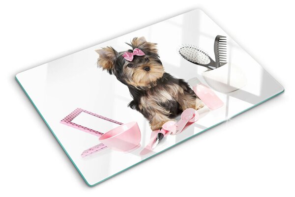Üveg vágódeszka fényképpel Yorkshire Terrier ápolási kellékekkel