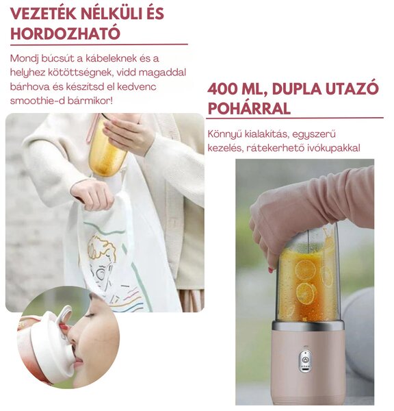 Vezeték nélküli mini turmix, dupla pohárral - Pink