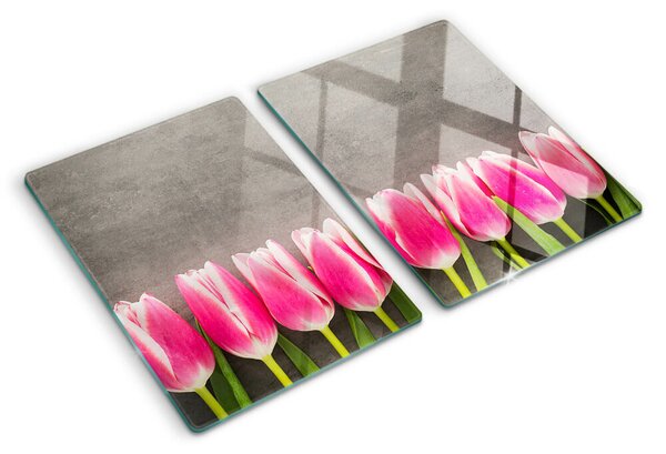Üveg vágódeszka fényképpel Tulipánok szürke háttéren