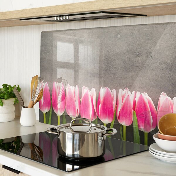 Üveg vágódeszka fényképpel Tulipánok szürke háttéren