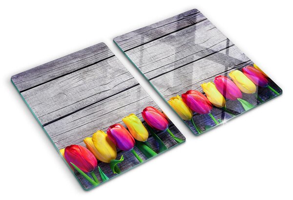 Üveg vágódeszka Tulipánok fa háttéren