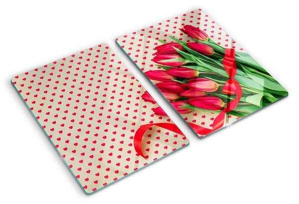 Üveg vágódeszka fényképpel Tulipánok szívekkel és szalaggal