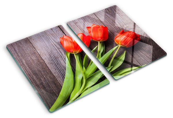 Üveg vágódeszka Tulipánok fa háttéren