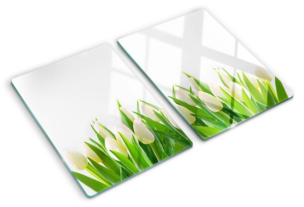 Üveg vágódeszka fényképpel Tulipánok a zöld fűben